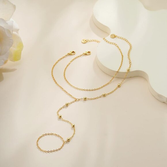 Hand Chain Bracelets for Women - 14K Real Gold Plated Dainty Stackable Paperclip - Picture 6 of 7